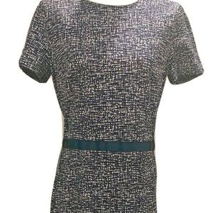 Navy Blue White Print Back Zip Ribbon Trim Dress